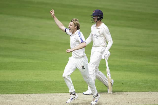 Racing in: Yorkshire's Matthew Waite appeals against Lancashire.
