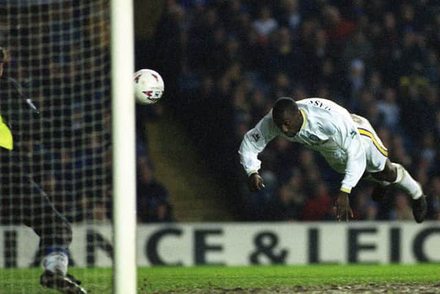 PROLIFIC: Leeds United striker Jimmy Floyd Hasselbaink heads home to complete a brace in the 3-1 win at home to Chelsea of April 1987. Picture by Mark Bickerdike.