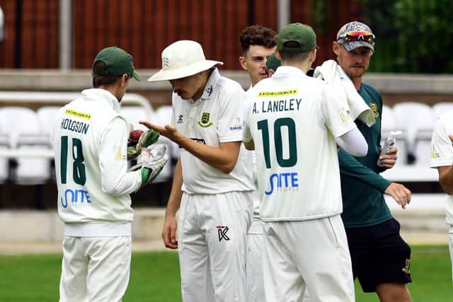 New Farnley players take a hand sanitizer break during the game against Cleckheaton. Picture: Gary Longbottom/JPIMedia.