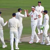 England's Stuart Broad (3rd right) celebrates taking the wicket of West Indies John Campbell during day three at Old Trafford. Picture: Michael Steele/NMC Pool/PA