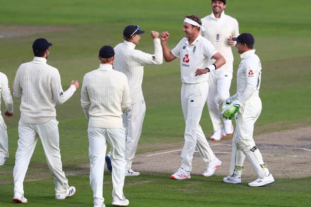 England's Stuart Broad (3rd right) celebrates taking the wicket of West Indies John Campbell during day three at Old Trafford. Picture: Michael Steele/NMC Pool/PA