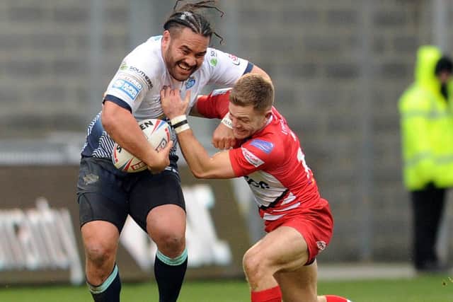 Konrad Hurrell on the ball at Salford in February. Picture by Steve Riding.