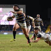 Konrad Hurrell storms over against Toronto to score Leeds' final try before the Covid-19 shutdown. Picture by Jonathan Gawthorpe.