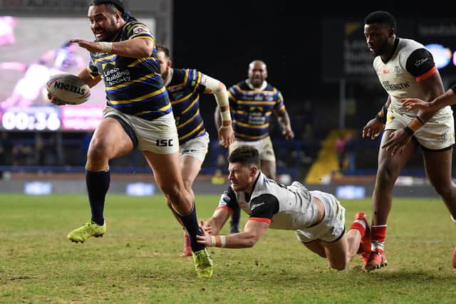 Konrad Hurrell storms over against Toronto to score Leeds' final try before the Covid-19 shutdown. Picture by Jonathan Gawthorpe.