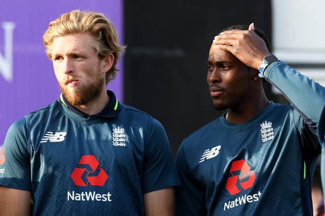 FROM ME, TO YOU: David Willey and Jofra Archer pictured at Headingley in May last year. Archer would replace Willey in England's World Cup squad. Picture: Alex Davidson/Getty Images