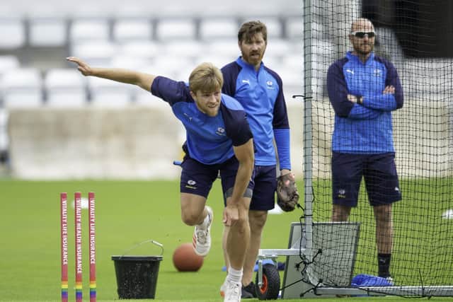 Yorkshire's David Willey bowling in training at Headingley earlier this monthafter the long lay off due to the Coronovirus pandemic. Picture by Allan McKenzie/SWpix.com