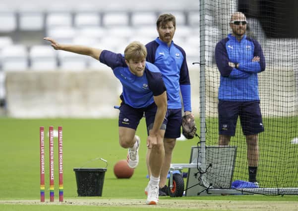 Yorkshire's David Willey bowling in training at Headingley earlier this monthafter the long lay off due to the Coronovirus pandemic. Picture by Allan McKenzie/SWpix.com