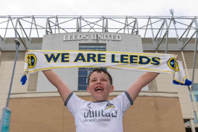 Leeds United fan Hadley McGeoch, aged 11, celebrates the success of Leeds United as Championship winners and promotion back into the Premier League after a 16 year absence.