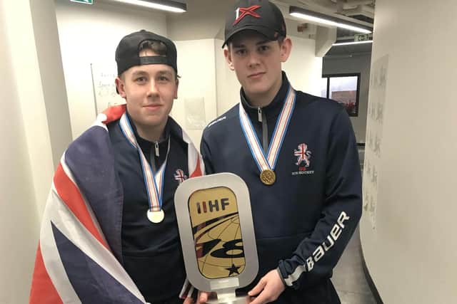 TOGETHER AGAIN: Kieran Brown and Jordan Griffin, right, celebrate winning gold at the 2018 Under-18 World Championships in Estonia.