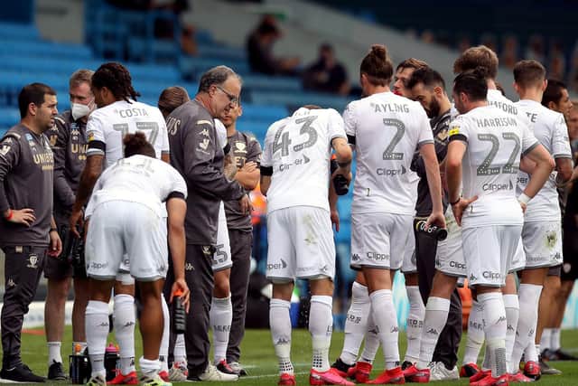 Leeds United head coach Marcelo Bielsa and his players. (Bruce Rollinson)