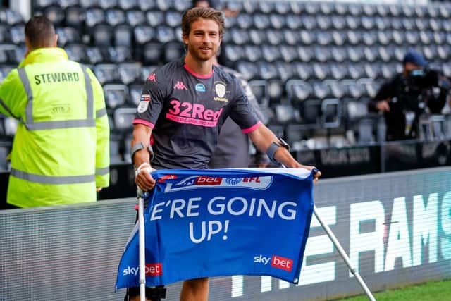 Leeds United defender Gaetano Berardi celebrations promotion at Derby County. (Picture: Varley Picture Agency)