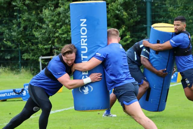James Donaldson, left, in training with Rhinos ahead of Sunday's Super League return against Hull KR. Picture by Phil Daly.
