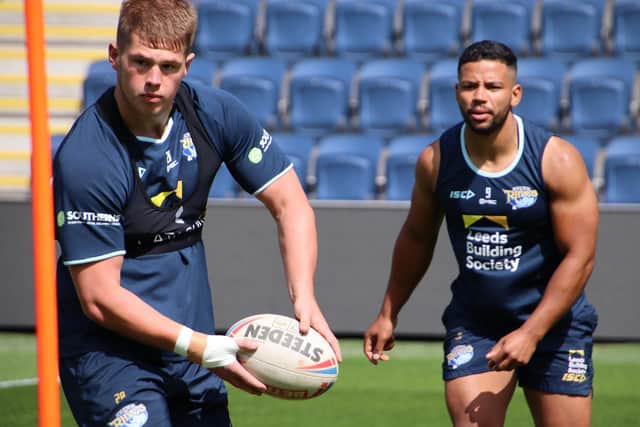 Tom Holroyd and Kruise Leeming in training for Leeds Rhinos. Picture: Phil Daly/Leeds Rhinos/SWpix.com.