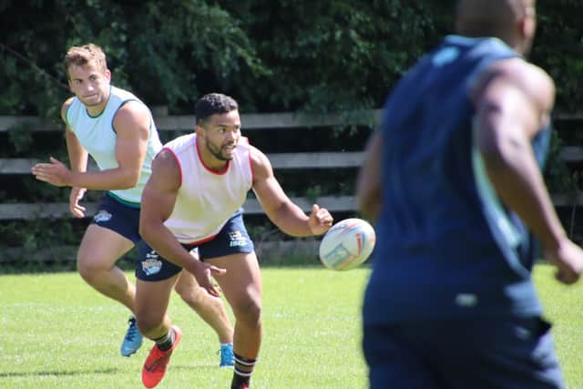 Kruise Leeming, centre, in training for Sunday's visit of his old club. Picture by Varley Picture Agency.