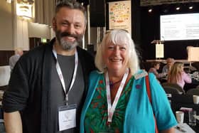 Actor Michael Sheen with Central England Co-op Society President Elaine Dean.