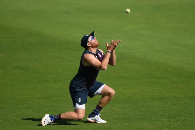 Englandand Yorkshire's Jonathan Bairstow takes a catch during a nets session at the Ageas Bowl. Picture: Stu Forster/Pool/PA