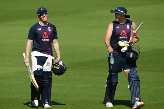 PREPARATION: England captain Eoin Morgan (left) shares a joke with Jonny Bairstow during a nets session at the Ageas Bowl. Picture: Stu Forster/Pool/PA