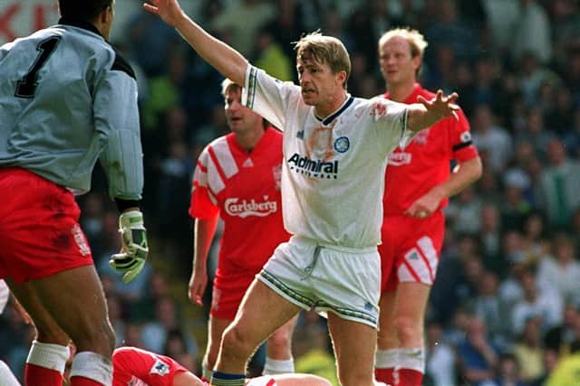 Lee Chapman celebrates scoring against Liverpool in August 1992. PIC: Varley Picture Agency