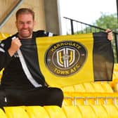 Harrogate Town manager Simon Weaver with his Town ahead of tomorrow's Wembley final. Picture Gerard Binks.