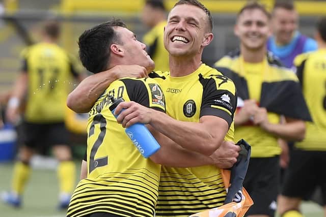 Goalscorer Jack Muldoon of Harrogate Town celebrates with team-mate Ryan Fallowfield following the National League play-off semi-final victory over Boreham Wood.
Picture: George Wood/Getty Images.