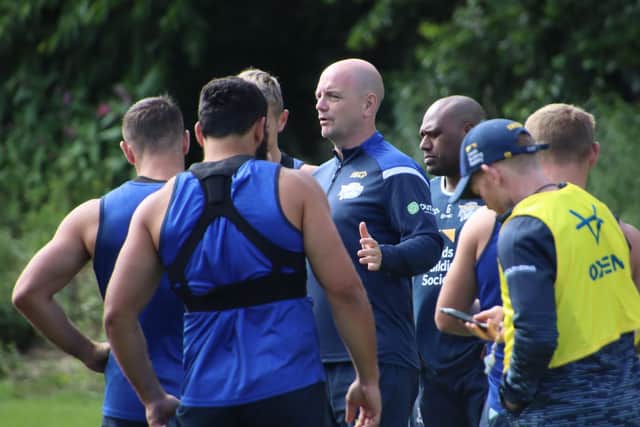 Coach Richard Agar speaks to his players at training ahead of Sunday's game. Picture by Varley Picture Agency.