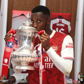 MIKE MINE A DOUBLE: Arsenal striker and former Leeds United loanee Eddie Nketiah kisses the FA Cup after the Gunners' defeat of Chelsea in the 2020 Wembley final. Photo by Stuart MacFarlane/Arsenal FC via Getty Images.