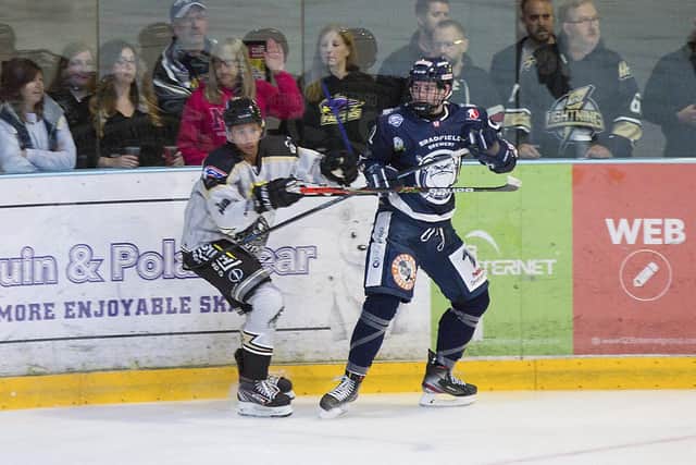 BRIGHT FUTURE: Jordan Griffin, right, spent last season playing for LEeds Chiefs' NIHL National rivals Sheffield Steeldogs on a two-way deal. Picture courtesy of Cerys Molloy.