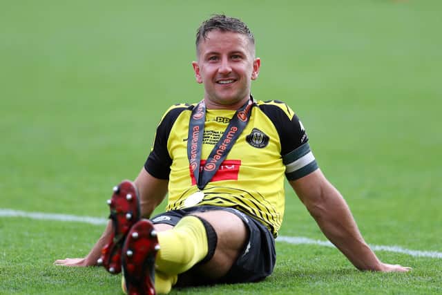 LEADING ROLE: Harrogate Town captain Josh Falkingham of celebrates after his team's 3-1 victory over Notts County at Wembley Stadium. Picture: Catherine Ivill/Getty Images.