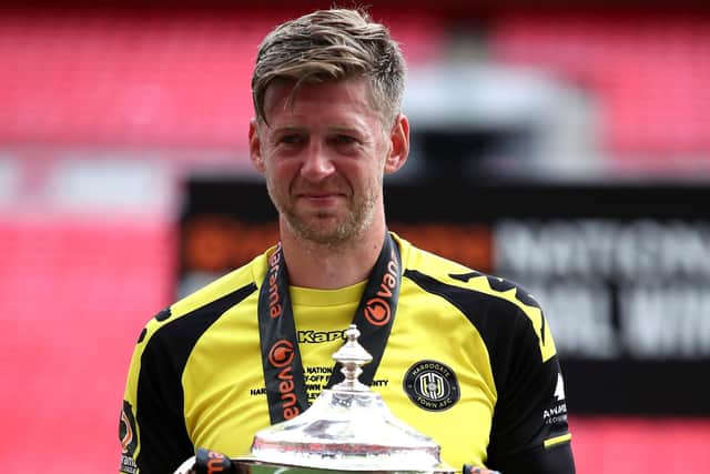 DIFFERENCE MAKER: Harrogate Town's Jon Stead with the trophy after winning the Vanarama National League play-off final at Wembley Stadium. Picture: Adam Davy/PA