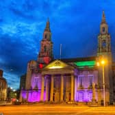 Leeds Civic Hall lit up for Leeds Pride.
