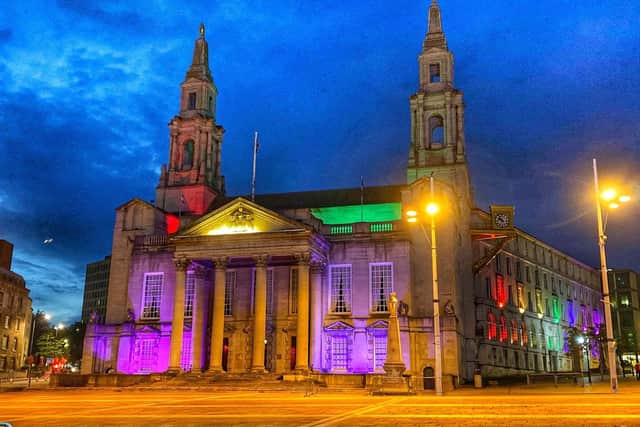 Leeds Civic Hall lit up for Leeds Pride.