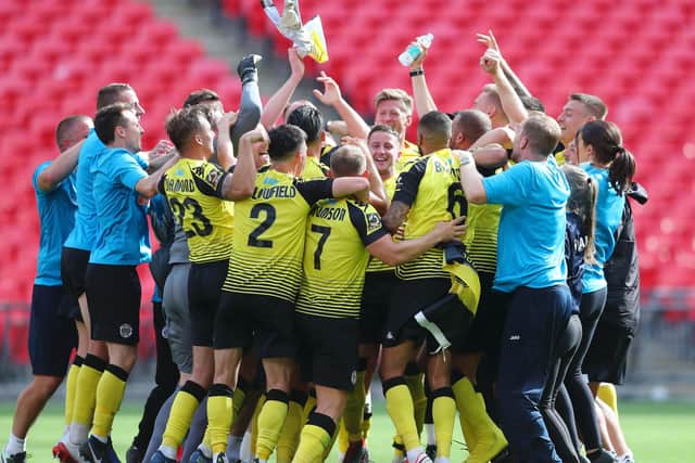 GREAT TIMES: Harrogate celebrate at the final whistle at Wembley Stadium Picture: Catherine Ivill/Getty Images