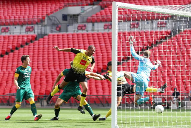 RIGHT PLACE< RIGHT TIME: Harrogate's Connor Hall scores his side's second goal at Wembley Stadium. Picture: Catherine Ivill/Getty Images