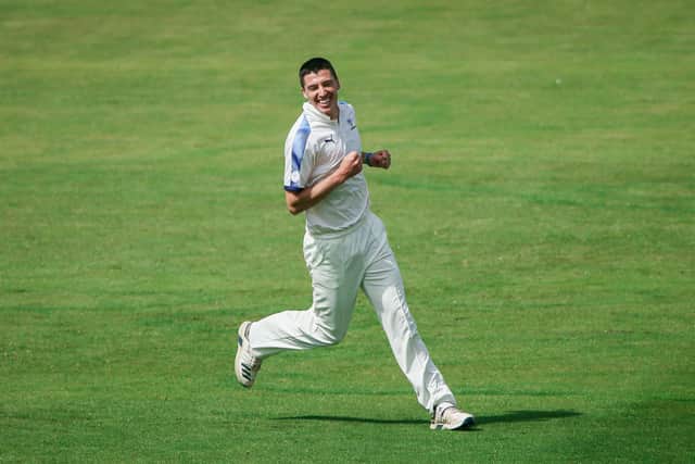 Yorkshire’s Matthew Fisher celebrates after taking the wicket of Durham’s Ned Eckersley.(Picture: Alex Whitehead/SWpix.com)