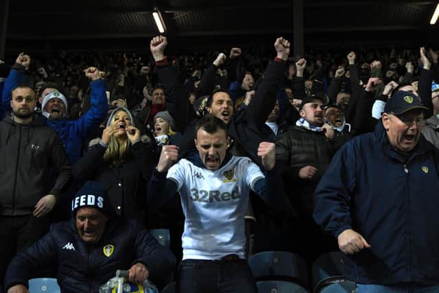 'BEST EVER': Leeds United's fans celebrate the 3-2 victory at home to Millwall back in January at a rocking Elland Road. Photo by George Wood/Getty Images.