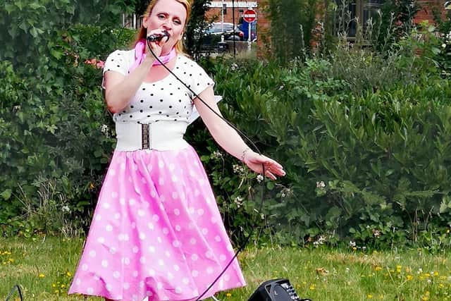 Carole Laine during one of her outdoor performances with Cats Pyjamas Productions Ltd.