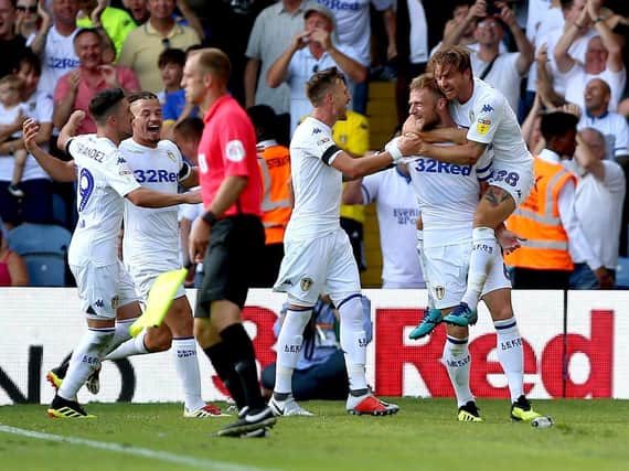 Leeds United captain Liam Cooper celebrates his goal against Stoke City two years ago. (PA)
