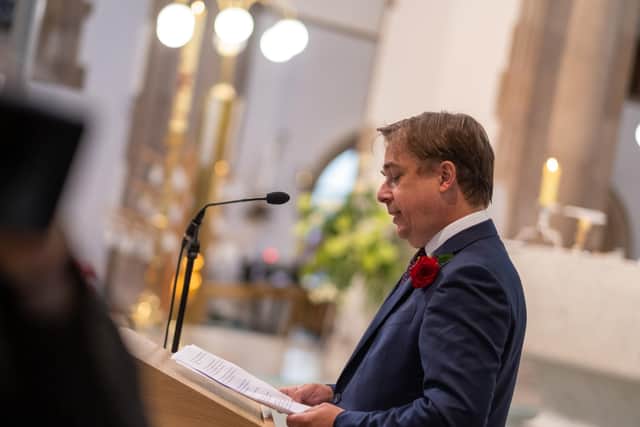 John Hume Junior speaks at the funeral of his father John Hume at St Eugene's Cathedral in Londonderry.   Hume was a key architect of Northern Ireland's Good Friday Agreement and was awarded the Nobel Peace Prize for the pivotal role he played in ending the region's sectarian conflict.