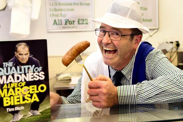 Tadcaster Butcher Nick Devine of Devine Meat's with his Bielsa sausage. Photo: Gary Longbottom.