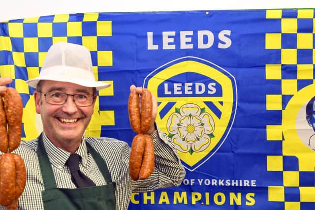Tadcaster Butcher Nick Devine of Devine Meat's with his Bielsa sausage. Photo: Gary Longbottom.