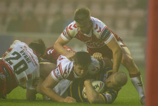 Tom Holroyd made an impact for Rhinos in a foggy pre-season clash with Wigan. Picture by Tony Johnson.