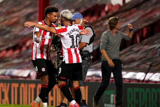CLASS ACTS: Brentford duo Ollie Watkins, left, and Said Benrahma, after the Bees' victory at home to Swansea City in the play-offs semi-finals. Picture by John Walton/PA Wire.