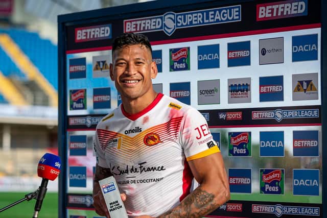 Picture by Alex Whitehead/SWpix.com - 08/08/2020 - Rugby League - Betfred Super League - Castleford Tigers v Catalans Dragons - Emerald Headingley Stadium, Leeds, England - Catalans' Israel Folau wins the man of the match.