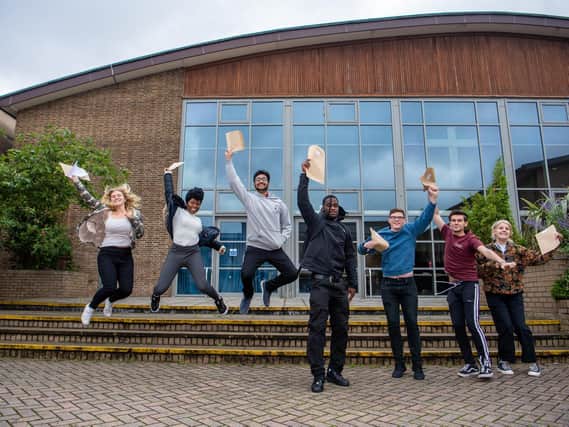 Pupils collecting their A-level results in very different circumstances last year from Abbey Grange in Leeds