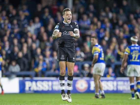 Gareth O'Brien jumps for joy after kicking a crucial drop goal for Toronto at Leeds in 2018. Picxture by Allan McKenzie SWpix.com.