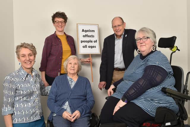 Pip Goff, left, with her mum Mary campaigning against ageism, which as the placard states affects people of all ages.