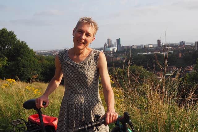 Forum Central’s Pip Goff pictured on her bike near Meanwood Valley Farm.