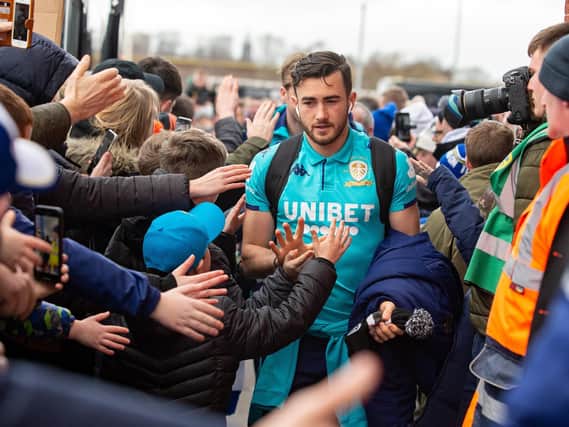 INCREDIBLE SUPPORT: Jack Harrison is greeted by a huge mass of Leeds United fans ahead of the club's clash against Wigan Athletic at Elland Road back in February. Picture by Bruce Rollinson.