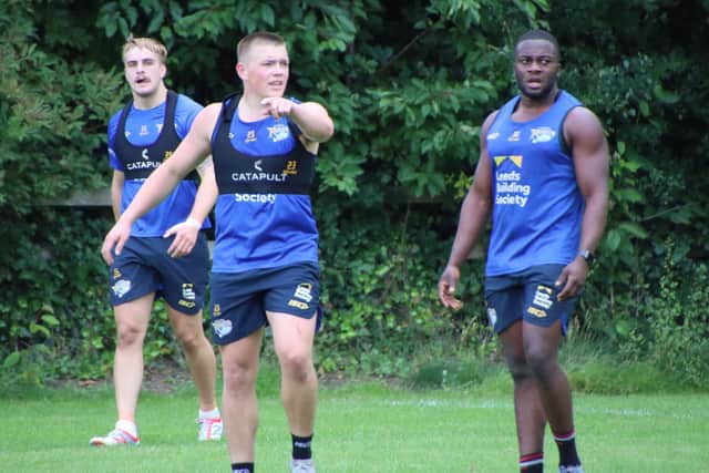 Callum Mclelland, centre, at training with Alex Sutcliffe, left - who also played agianst Saints - and Muizz Mustapha. Picture by Phil Daly.