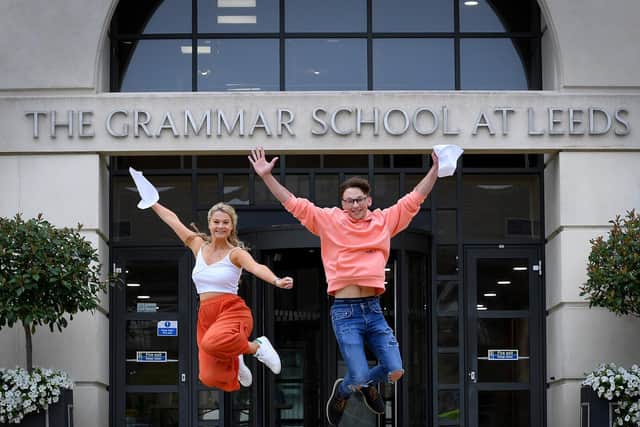 Charlotte Manley and Ted Borland celebrate at The Grammar School at Leeds.